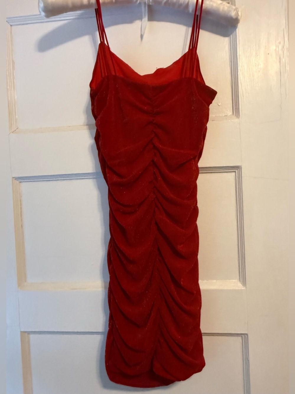 Red Ruched Bodycon Mini Dress Red Sparkle size Small - Picture 3 of 9